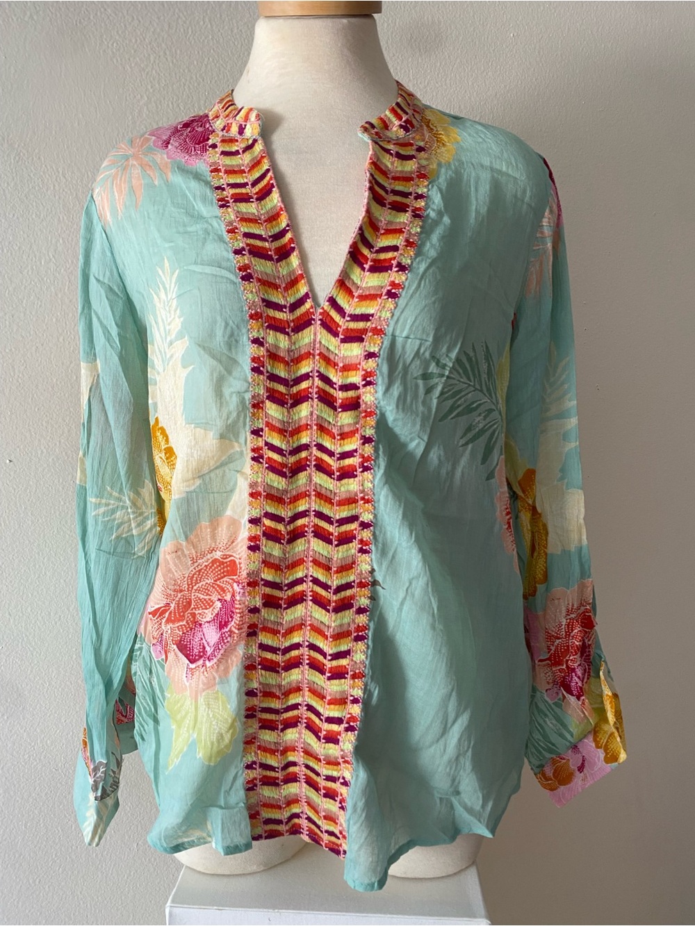 Embroidered Floral Split-Neck Blouse - Aqua